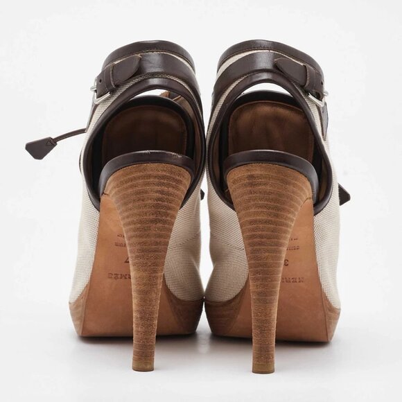 Hermes Off White/Brown Canvas and Leather Platform Booties Size 37 488-050125 - Picture 6 of 9